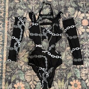 iHeartRaves Reflective Chain Print Bodysuit with Arm Sleeves